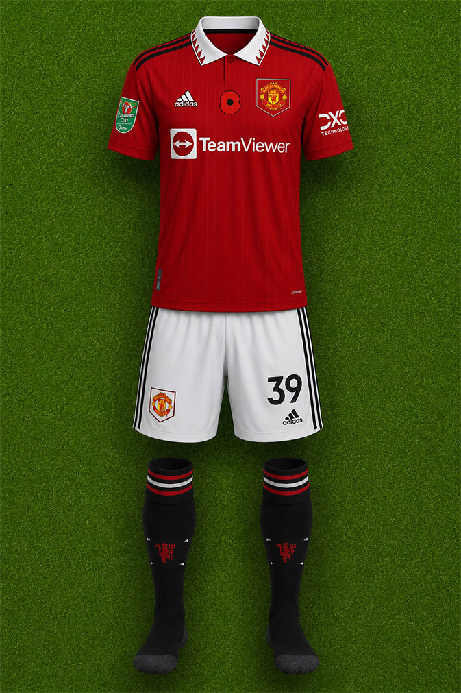 Manchester United shirt worn for game v Aston Villa played on Thursday 10th November 2022 at Old Trafford stadium during the 2022-2023 season.