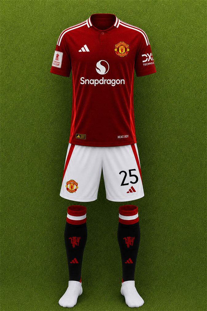Manchester United shirt worn for game v Fulham played on Sunday 2nd March 2025 at Old Trafford stadium during the 2024-2025 season.