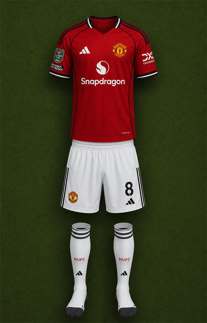 Manchester United shirt worn for game v Grimsby Town played on Wednesday 27th August 2025 at Blundell Park stadium during the 2025-2026 season.